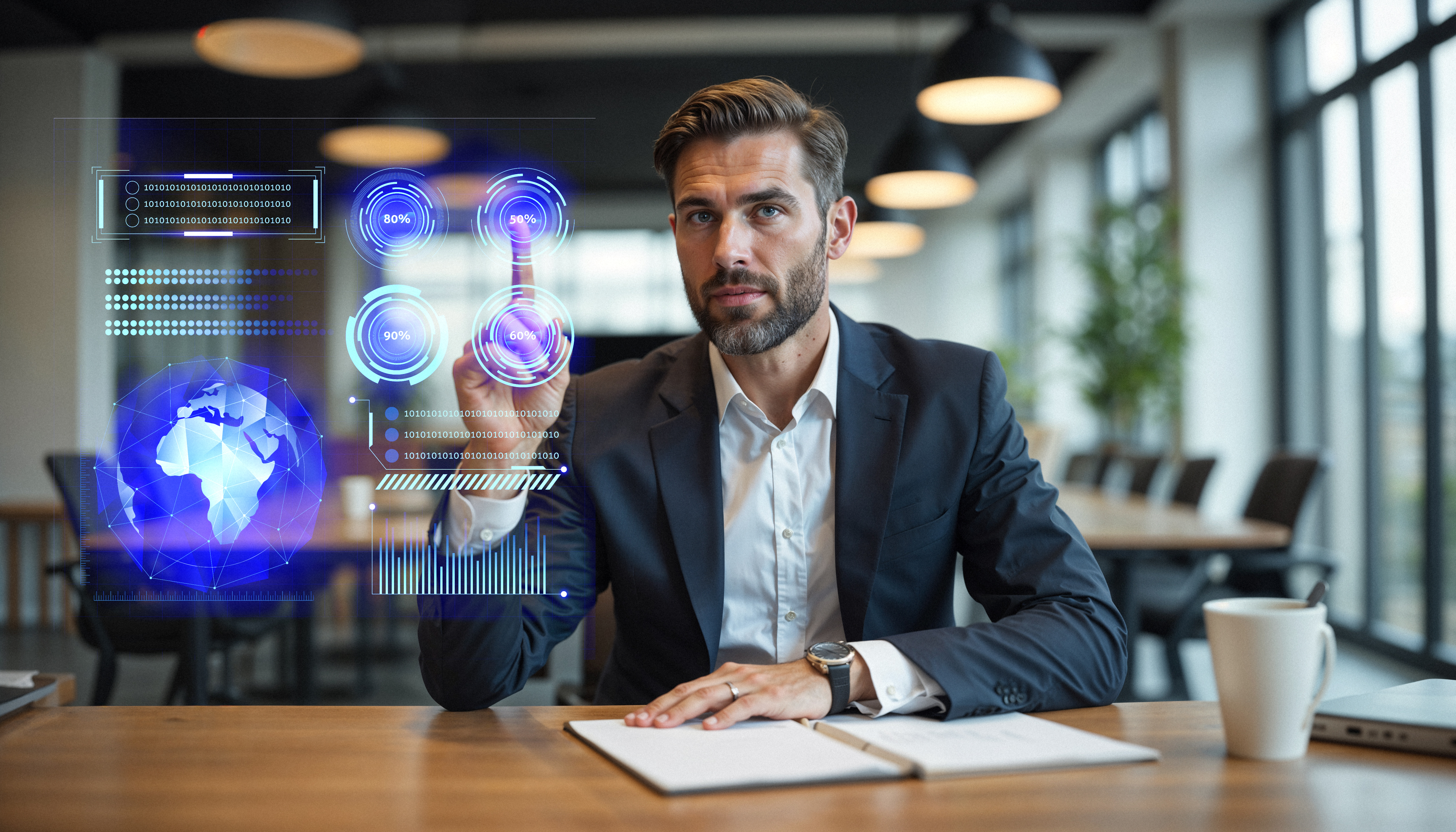 Ejecutivo usando tecnología futurista